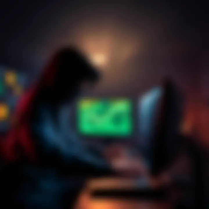 A hacker using a computer in a dark room, with cryptocurrency icons on the screen. A sad cancer patient looking worried in the background