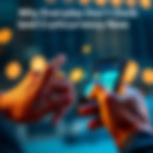 Person using a smartphone showing various cryptocurrency applications and financial concepts