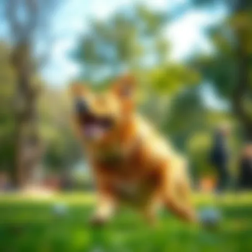 Joyful dog running in a green park, showcasing happiness and well-being
