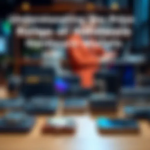 A variety of hardware wallets placed on a table, showcasing their different designs and features, with a blurred background of a person researching on a laptop.