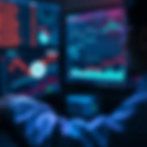 A person analyzing graphs and charts related to blockchain and AI integration, with Hedera's logo visible on a screen.
