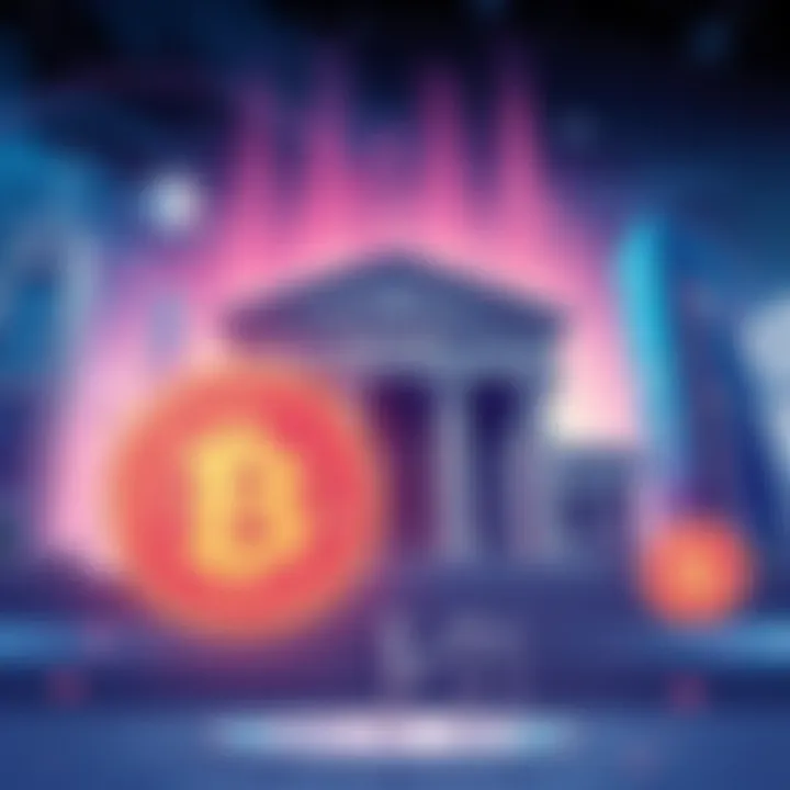 Illustration showing digital currency symbols with bank buildings in the background, representing CBDCs like AUDD and Hedera technology.
