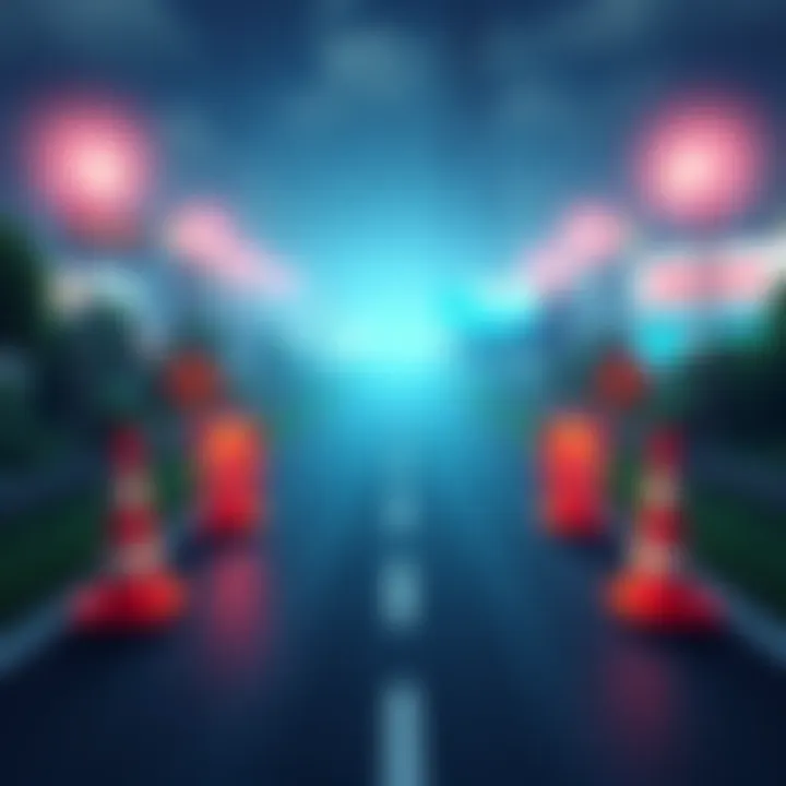 Illustration showing a road with roadblocks symbolizing delays in Hedera's development, with corporate logos in the background