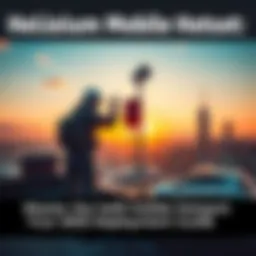 A person installing a Helium Mobile Hotspot on a rooftop, with a city skyline in the background