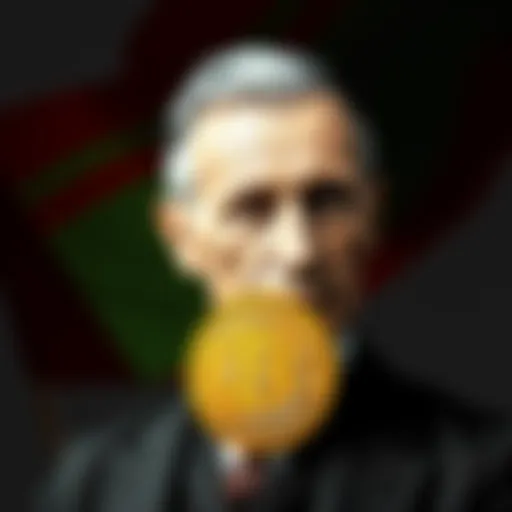 A portrait of Henry Ford next to a Bitcoin symbol, representing his prediction about cryptocurrency.