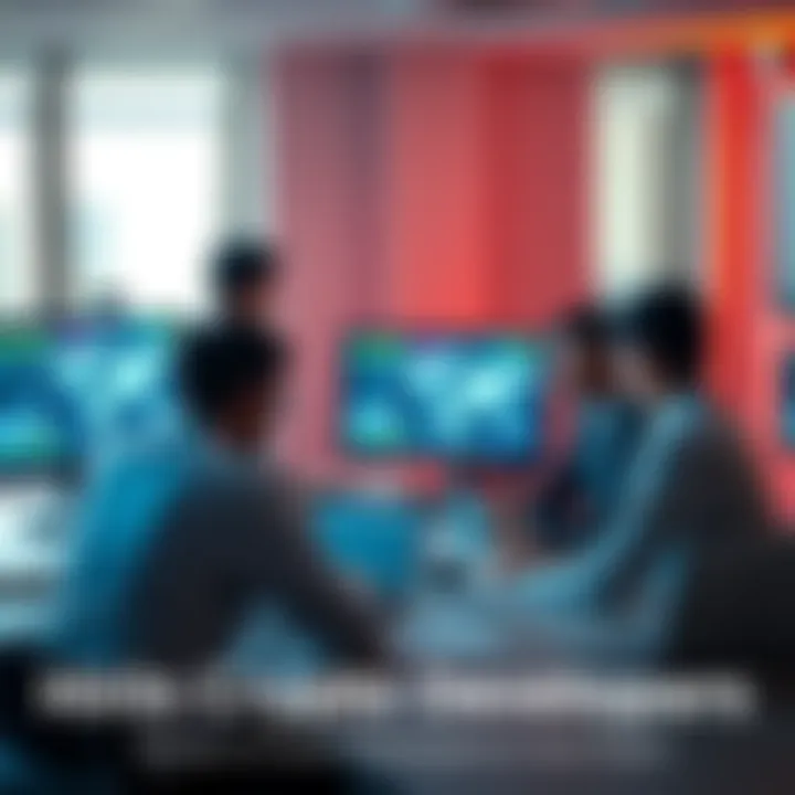 A team discussing crypto development strategies around a table with laptops and digital graphics on screens.