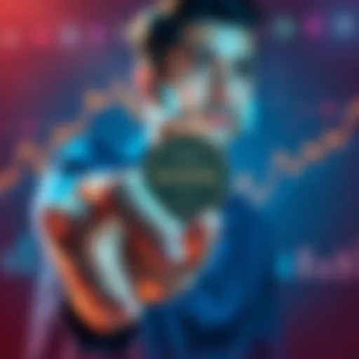 A person holding a Kaspa coin with a cautious expression, surrounded by market trend charts showing upward movement, symbolizing patience in investment.