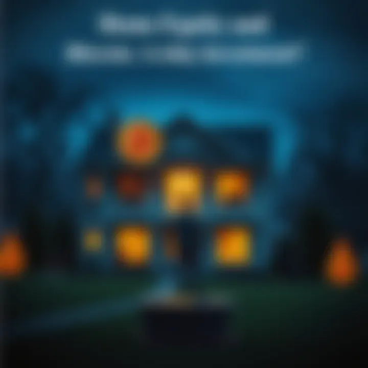 A person weighing the decision to invest home equity in Bitcoin, with a house and Bitcoin symbols in the background.