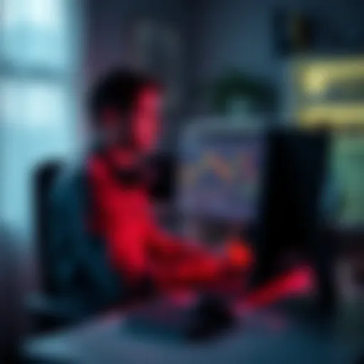 Individual sitting at a computer, engaged in ETH staking with graphs and crypto visuals on the screen.