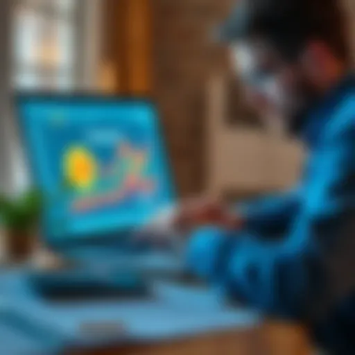 A homeowner looking at a laptop with Bitcoin graphics on the screen, surrounded by mortgage documents and a calculator, symbolizing investment strategy.