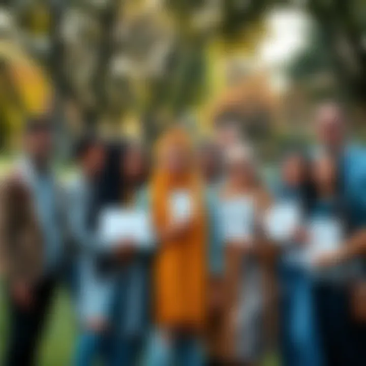A diverse group of people standing together in a park, smiling and sharing positive messages, symbolizing hope and resilience in challenging times.