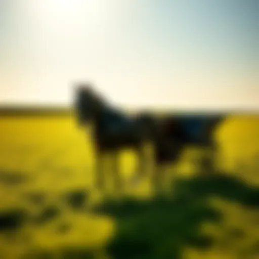 A horse and buggy parked in a green field, representing traditional transportation.