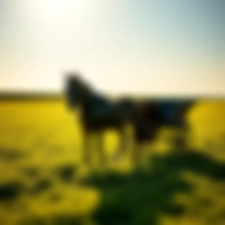 A horse and buggy parked in a green field, representing traditional transportation.
