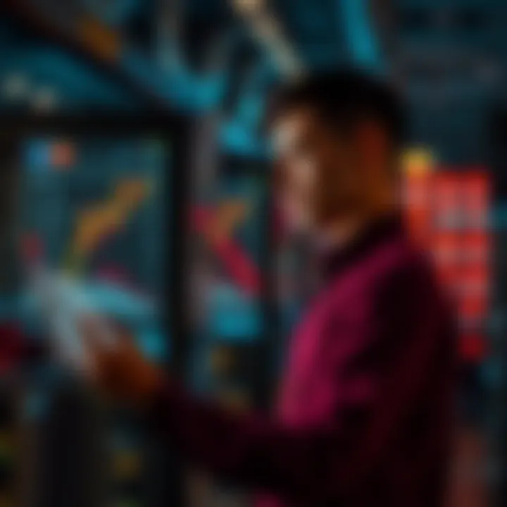 A person analyzing a financial chart while looking at a hosting machine, contemplating the investment decision