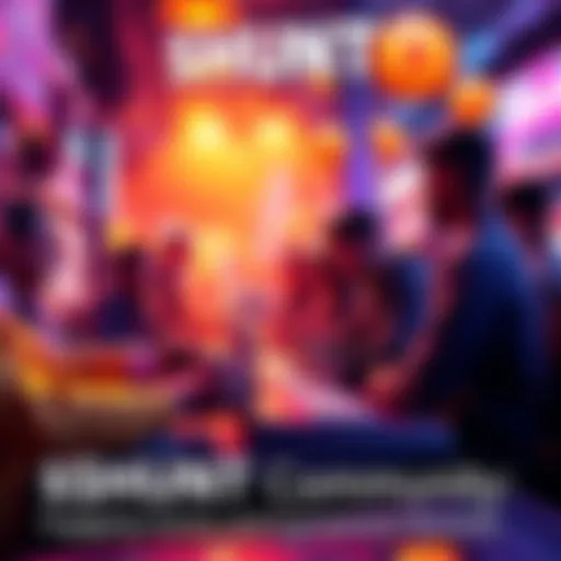A vibrant scene showing community members playing games and participating in lotteries, with graphics depicting prizes and rewards, creating a lively atmosphere.