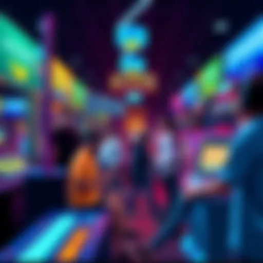 A colorful scene showing people playing games and participating in lotteries, eager to earn rewards before the launch of $HUNT.