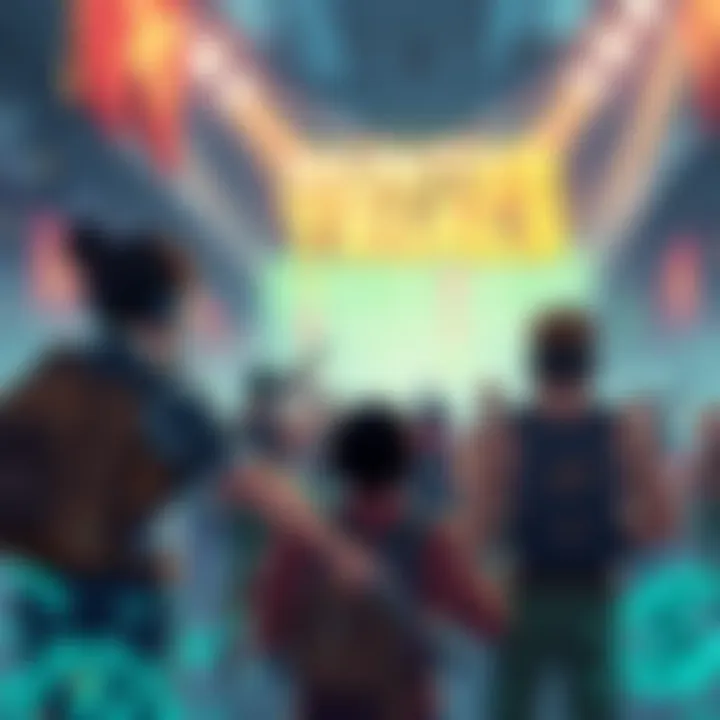 Illustration showing participants engaging in the Hunter Trials competition with rewards and XP symbols