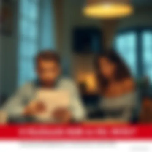 A worried husband sits at a table, looking at a letter, while his wife stands nearby with a concerned expression, hinting at an important conversation to come.