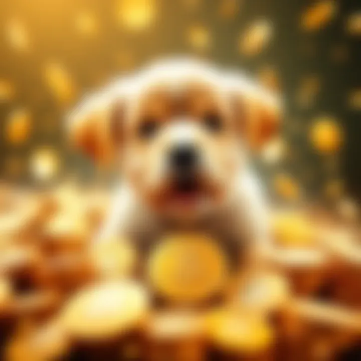 A playful puppy surrounded by coins representing the I Love Puppies cryptocurrency.