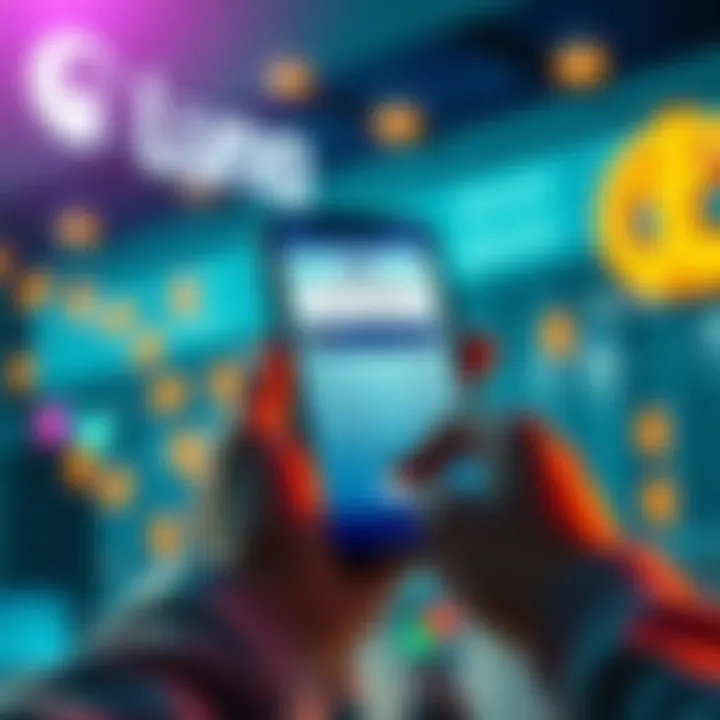 A person using a phone to check their bank transfer status, with currency symbols and a bank logo in the background