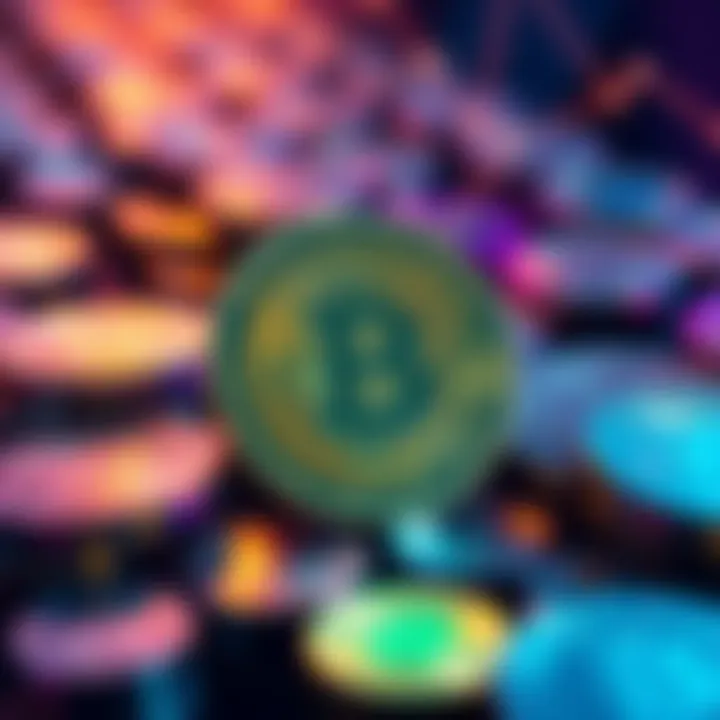 Illustration showing digital coins labeled as stablecoins with a dollar sign, depicting the influence of fake currency on investment strategies.