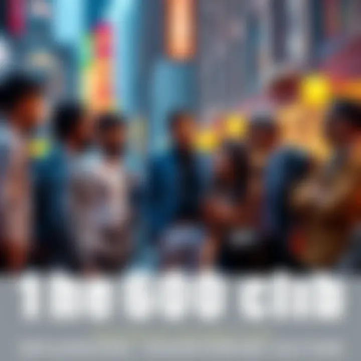 A group of diverse influencers discussing and sharing ideas in a vibrant urban setting.