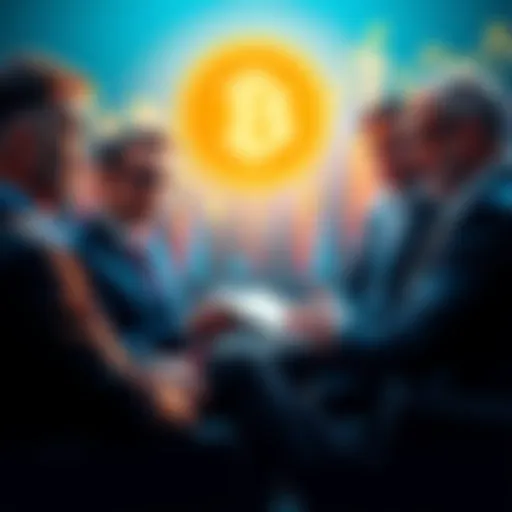 A group of business professionals discussing Bitcoin investments, with charts showing rising trends in the background.