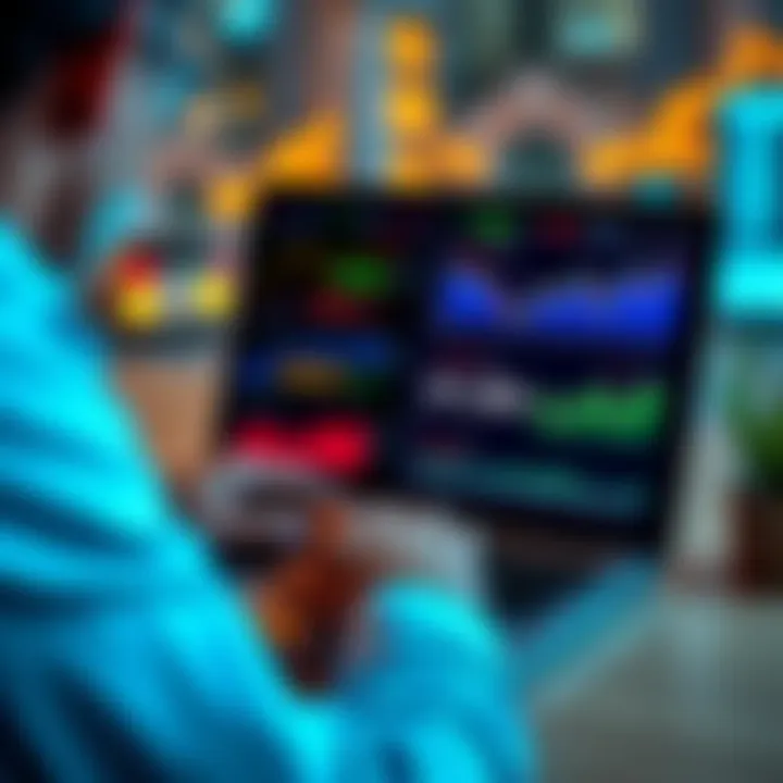 A person analyzing various altcoin charts and graphs on a laptop, with a $1,100 investment highlighted on the screen.
