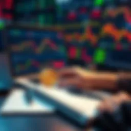 A person analyzing stock charts and Bitcoin prices on a laptop, with a notebook and pen beside them.