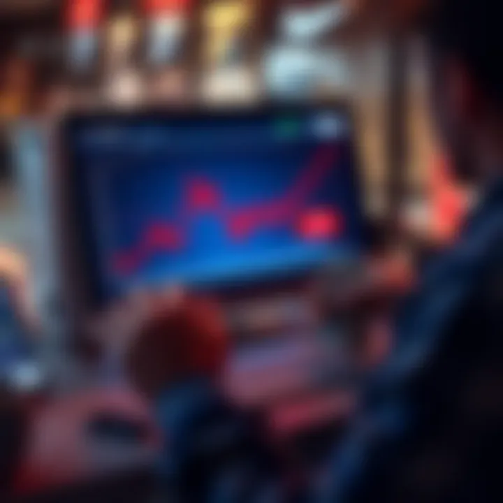 A person looking at a stock market chart on a computer, showing a downward trend with red arrows and graphs, representing a market crash while holding cash in one hand.