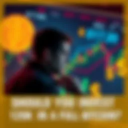A person contemplating a Bitcoin investment with financial charts and dollar signs in the background
