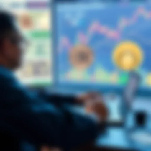 A person analyzing Bitcoin investment options on a laptop with Indian currency and charts in the background