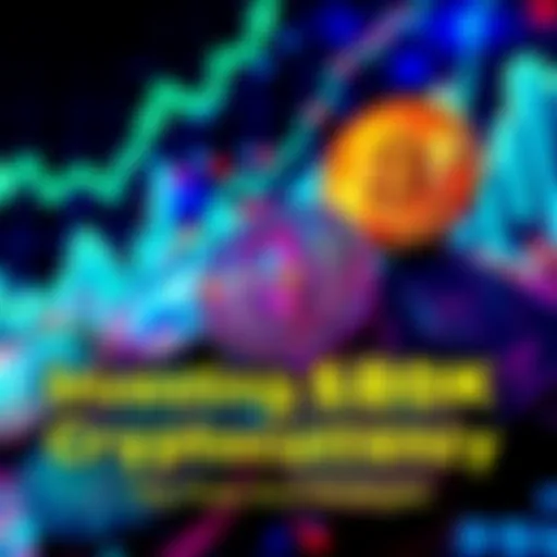 A visual representation of various cryptocurrencies like Bitcoin and Ethereum with dollar signs and investment graphs