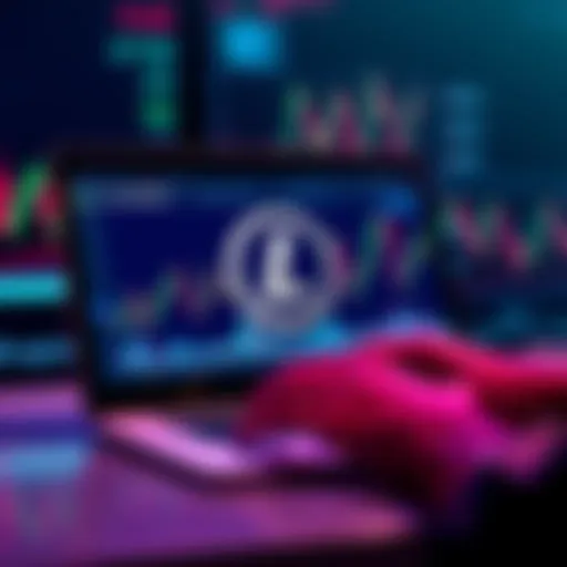 A person analyzing a Litecoin chart on a laptop with financial graphs and trends in the background