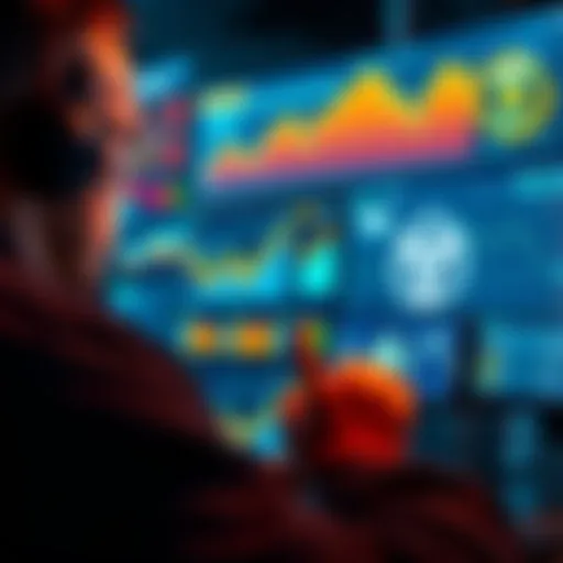 A person analyzing charts and graphs for TRX investments, with a digital wallet and a validator logo visible on the screen.