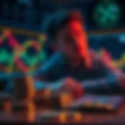 A person contemplating selling their XRP coins to buy more, with coins displayed on a table and charts in the background