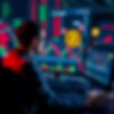 A person looking at stock charts on a computer while considering investing in Bitcoin, with visual elements representing stocks and cryptocurrency in the background.