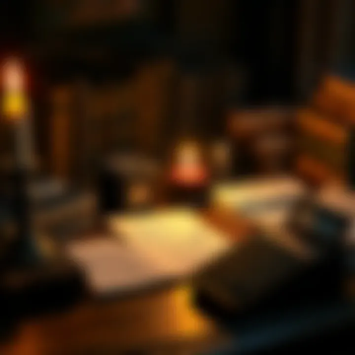 A candlelit desk with old investment books and a vintage calculator, symbolizing timeless investment strategies from deceased investors.