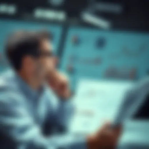 A person analyzing graphs and charts related to investments while holding their chin in thought, with financial documents scattered around.