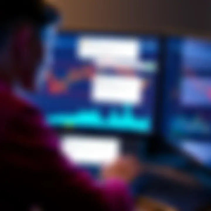 A person analyzing stock charts on a computer, with a bullish trend highlighted and a tweet notification on the screen, symbolizing the buying opportunity in FET after Trump's tweet.