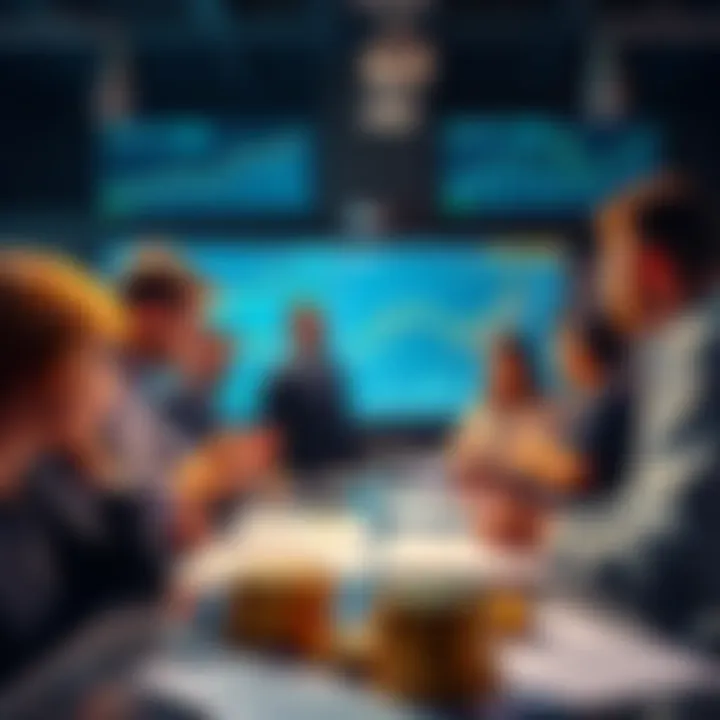 A group of people discussing investment strategies for new cryptocurrency projects with charts and graphs in front of them