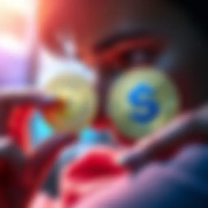 A person looking at two coins representing Dogecoin and Sei, considering where to invest their $5,000.