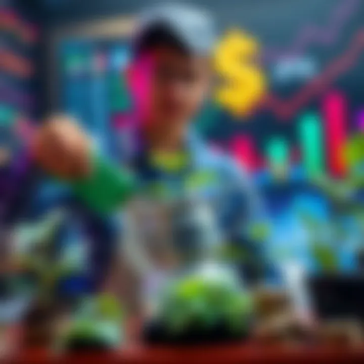 A person watering plants that symbolize investments, with money symbols and charts in the background, showing growth and financial success.