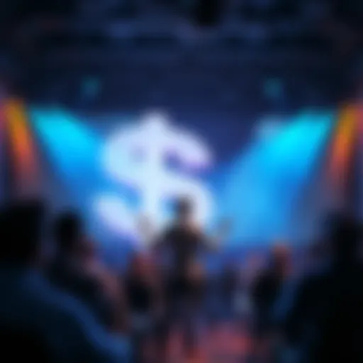 A graphic showing a person presenting a startup idea in front of an audience, with a large dollar sign in the background representing investment.