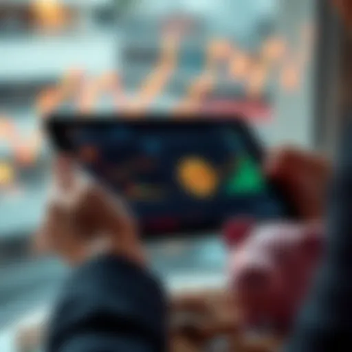 A person holding a tablet showing Bitcoin and stock charts alongside a piggy bank filled with coins, symbolizing investment decisions.
