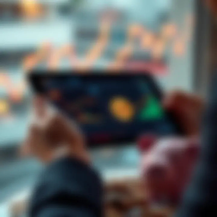 A person holding a tablet showing Bitcoin and stock charts alongside a piggy bank filled with coins, symbolizing investment decisions.