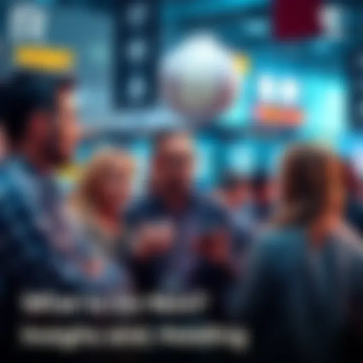 A group of individuals engaged in a conversation about buying and holding assets in a market setting.