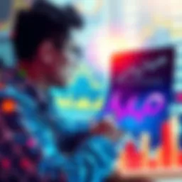 A graphic showing a person analyzing investment options with a focus on growth strategies and finance charts