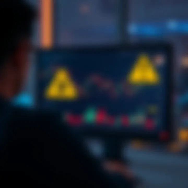 A person looking at a screen displaying Bitcoin graphs with a warning sign.