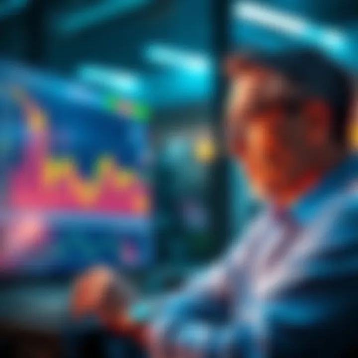 An investor analyzing a chart showing bearish trends for ANKR, with a thoughtful expression